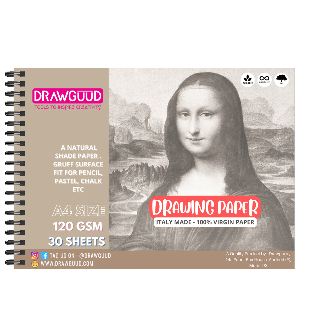 DRAWGUUD 130 GSM DRAWING PAPER FOR PAINTING, WIRO BOOK  GRUFF SURFACE –  DRAWGUUD - TOOLS TO INSPIRE CREATIVITY